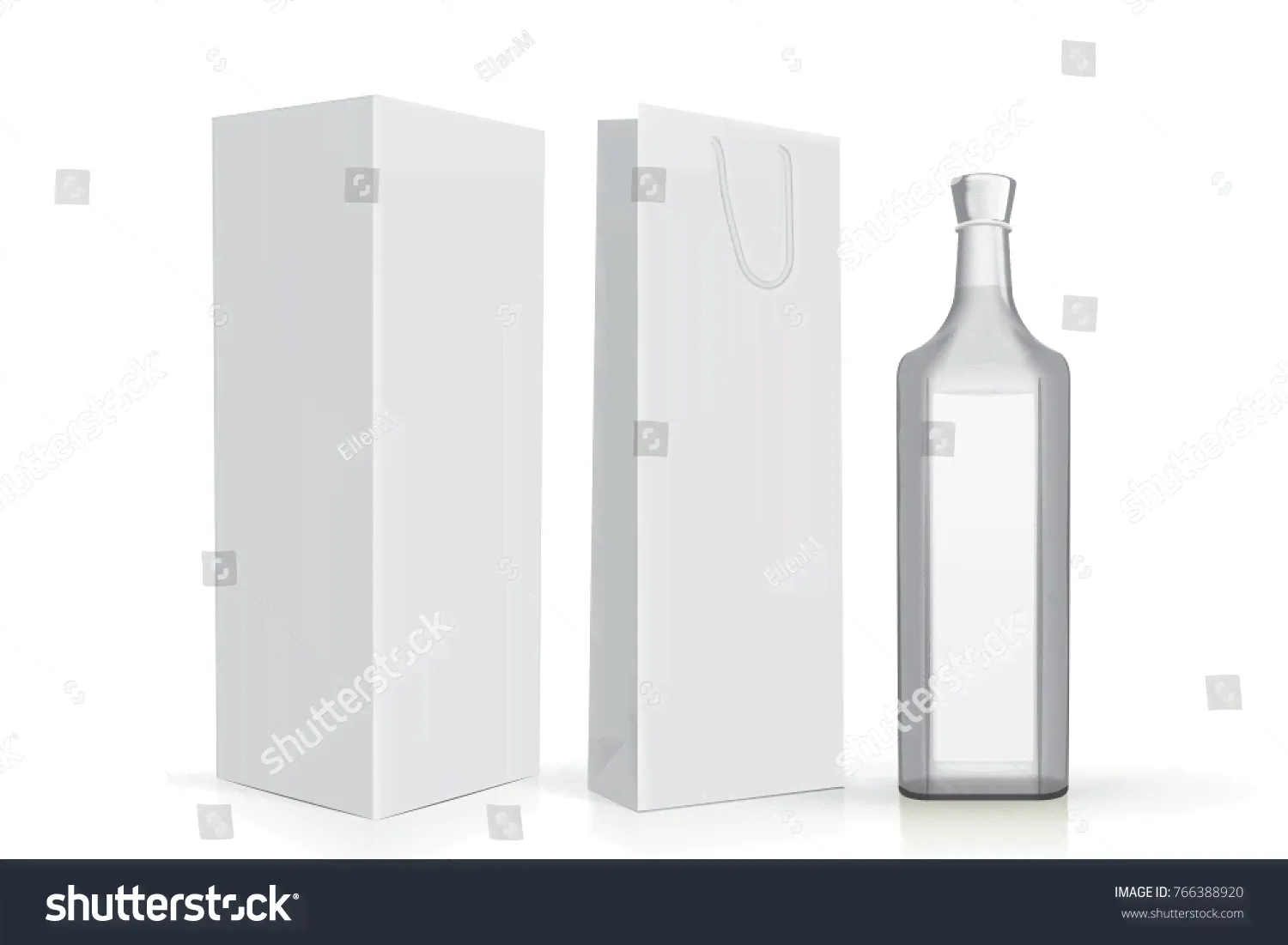 transparent glass bottle with box and bag on a white background mock up vector template